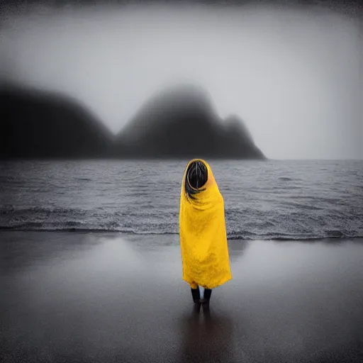 Prompt: glitch girl and very very tall monster wrapped in a blanket looks into the distance on the beach, in the rain, style of Hiroshi Sugimoto, atmospheric,