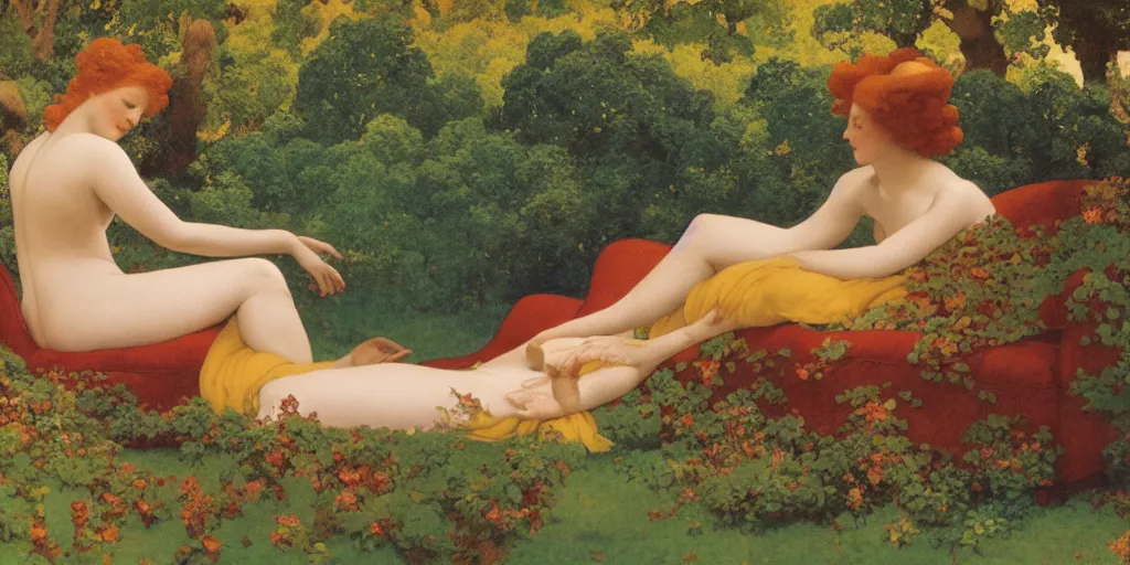 Prompt: a woman and a dryad lounging on a edwardian couch, style of maxfield parrish,