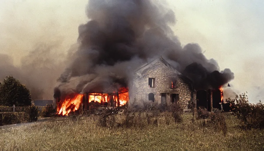 Prompt: 1 9 7 0 s movie still of a heavy burning house in a small french village, cinestill 8 0 0 t 3 5 mm, heavy grain, high quality, high detail, dramatic light, anamorphic, flares