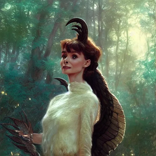 Prompt: audrey hepburn as a winged fairy in a fantasy forest, various backgrounds, highly detailed, digital painting, artstation, matte, illustration, art by gaston bussiere, greg rutkowski