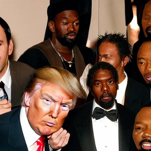 Image similar to Donald trump is inducted as the 10th member of the wu tang clan rap group, he takes a photo with RZA, GZA, old dirty bastard, inspectah deck, U-God, Ghostface killah and the method man