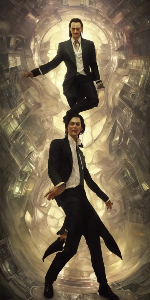 Prompt: Loki in a business suit, artists portrait, fantasy, highly detailed, digital painting, concept art, sharp focus, depth of field blur, illustration, art by artgerm and greg rutkowski and alphonse mucha