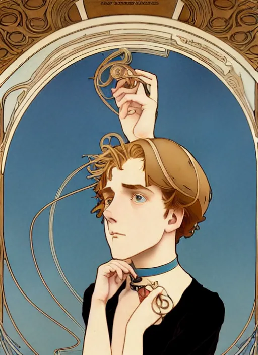 Image similar to art nouveau portrait of a pretty young man with short light brown straw blond hair, light blue eyes, sad expression, scared, head down, shy and demure, wearing a choker collar, natural lighting, path traced, highly detailed, high quality, cartoon, digital painting, by don bluth and ross tran and studio ghibli and alphonse mucha