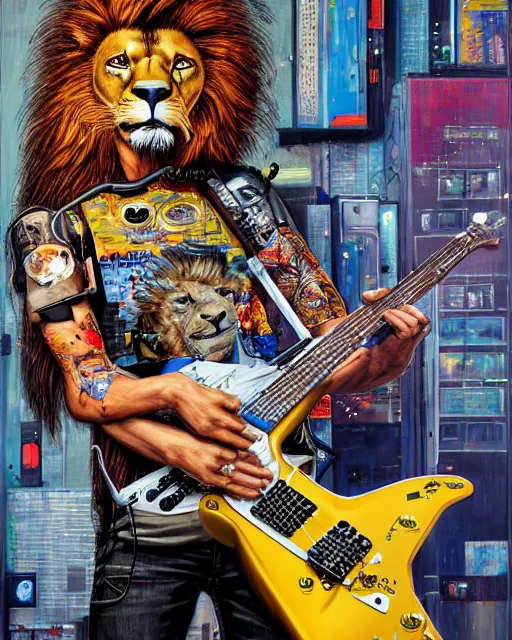 Prompt: a portrait of an anthropomorphic cyberpunk lion shredding an electric guitar as the guitar melts by sandra chevrier, by jon foster, detailed render, tape deck, epic composition, cybernetics, 4 k realistic, cryengine, realistic shaded lighting, sharp focus, masterpiece, by enki bilal