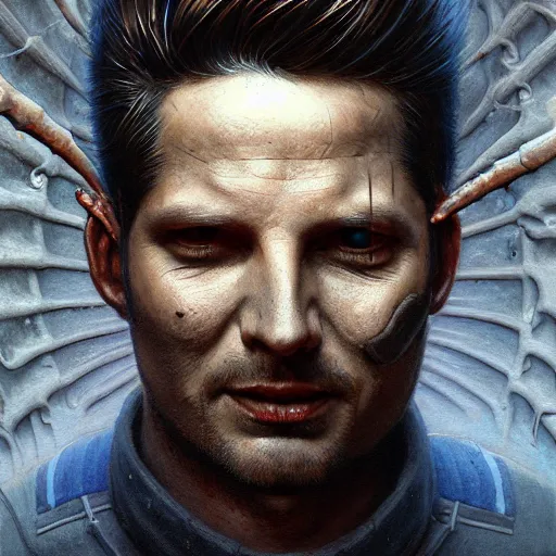 Image similar to a portrait of Ben Wyatt from Parks and Rec. sci-fi concept art by giger and beksinski and szukalski and wlop and pete mohrbacher, digital art, highly detailed, intricate, horror, sharp focus, Trending on Artstation HQ, deviantart, unreal engine 5, 4K UHD image