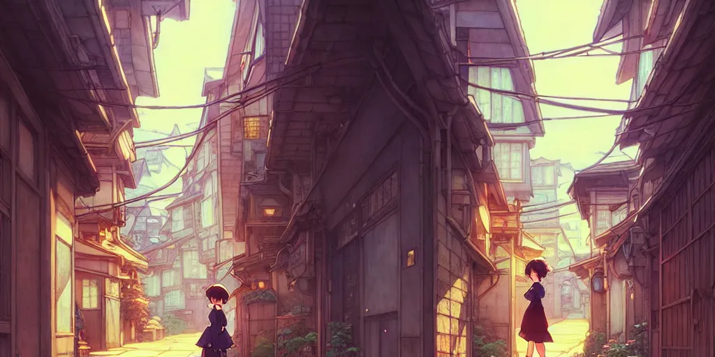 Image similar to the girl and the alley. anime visual of a cozy village, late in the evening. by hayao miyazaki and rossdraws and artgerm and greg rutkowski and alphonse mucha. anime production by studio ghibli. high quality, stunning, intricate detailed environment. 8 k