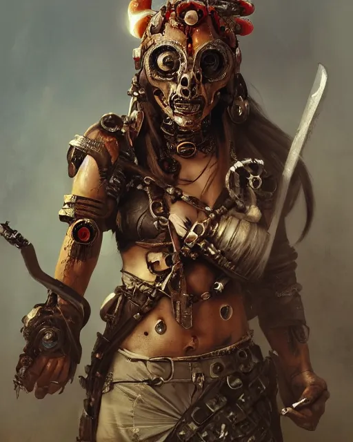 Image similar to hyper realistic portrait of postapocalyptic indonesian death cult monk cyborg girl with indonesian demon mask, sword and shield, beads, gears, machineparts, cinematic, artstation, cgsociety, greg rutkowski, james gurney, mignola, craig mullins, brom