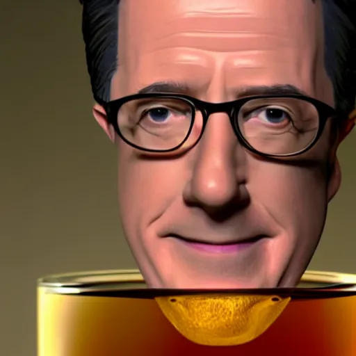 Image similar to stephen colbert face in a clear beer bottle!!!!, 8 k, ultra realistic details