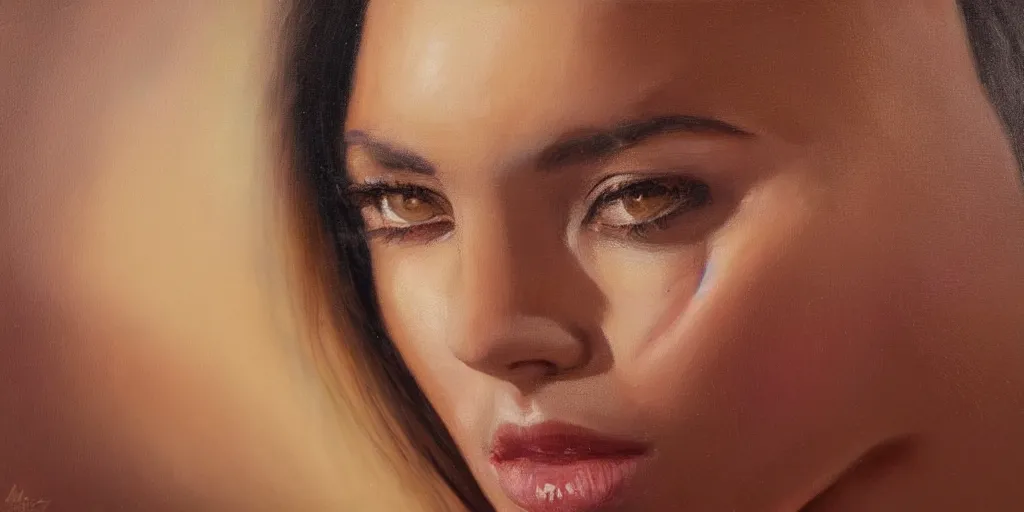 Prompt: beautiful sedutive woman with an eye on her forehead, oil panting, golden hour, higly detailed