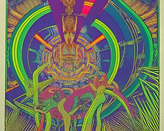 Image similar to 1968 psychedelic, tarot cards, cut out collage, neon Greek, dusk on Jupiter, epic theater, deep jungle texture, aquatic plants, Jugendstil drawings, in part by Alex Grey, part by Moebius, composition William S Boroughs, written by Michael Ende