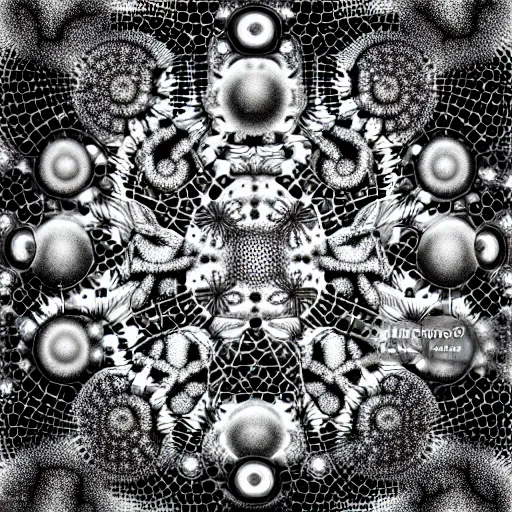 Image similar to a black and white drawing of a variety of sea life and filled with gundam mech equipment space station, a microscopic photo by ernst haeckel, zbrush central, kinetic pointillism, bioluminescence, intricate patterns, photoillustration