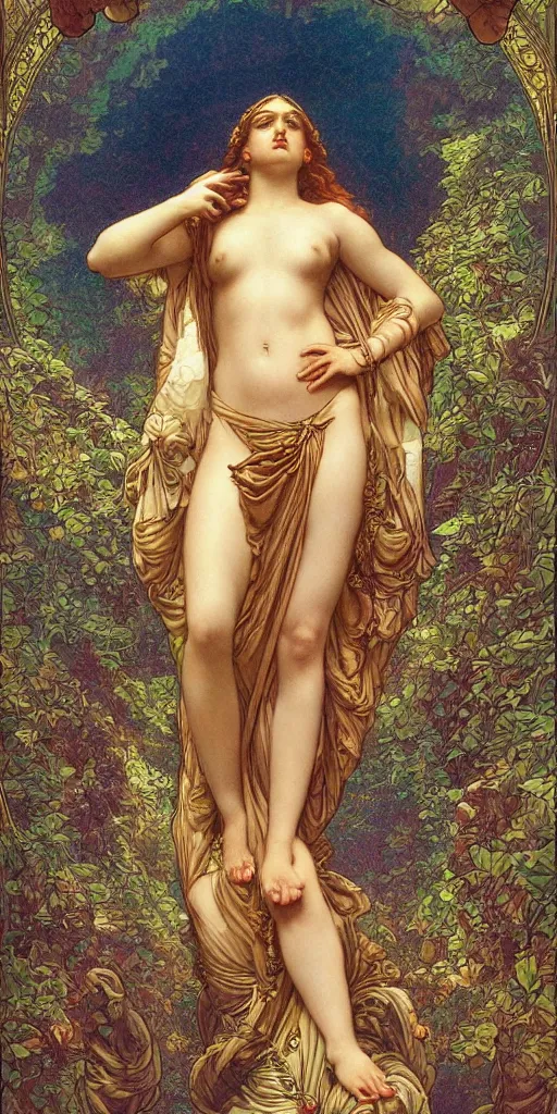 Image similar to aphrodite in paradiso. sacred geometry. clouds. sun rays. bliss. enlightenment. ascension . Gustave Doré. dappled light. cinematic lighting. in the art style of Mucha