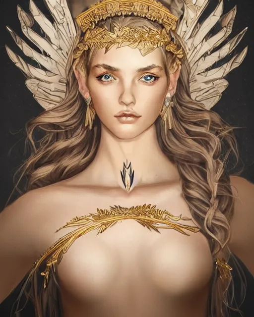 Image similar to tattoo design sketch of cute beautiful blonde super model as aphrodite greek goddess wearing a gold laurel wreath and triangle earrings, beautiful piercing gaze with sharp pupils, in the style of greg rutkowski, fantasy, amazing detail, epic, elegant, smooth, sharp focus, front view