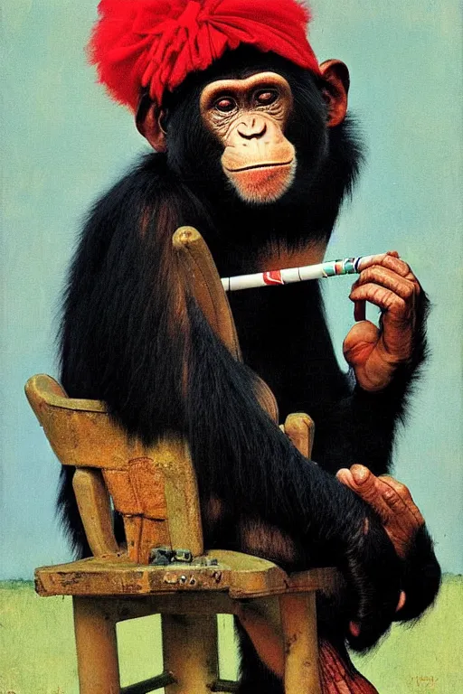 Image similar to a chimp in a clown suit smoking a cigarette, painted by Norman Rockwell