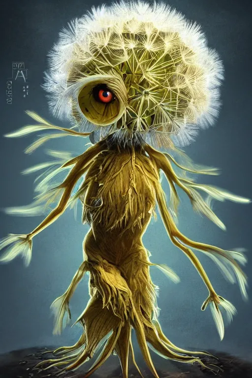 Image similar to a glowing humanoid figure dandelion monster with large eyes, highly detailed, digital art, sharp focus, trending on art station, artichoke, anime art style