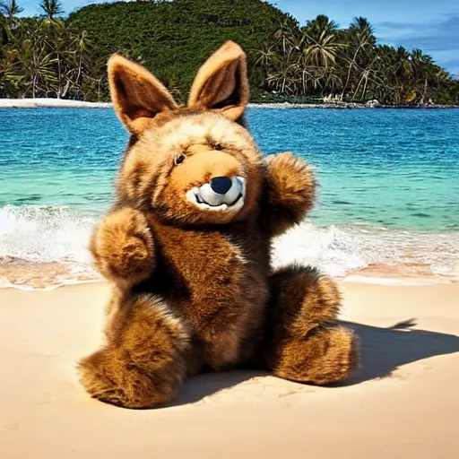 Prompt: an adorable fierce furry monster that looks like a very chubby wolf rabbit ears and teddy bear body, Smiling at the camera with a mischievous grin, happy lighting, at a tropical beach