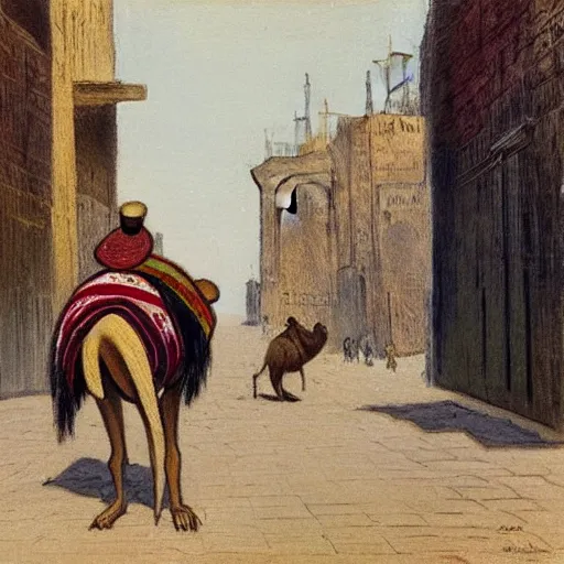 Prompt: An expressionistic painting of a mouse Riding a camel through a narrow street in london, (1885)