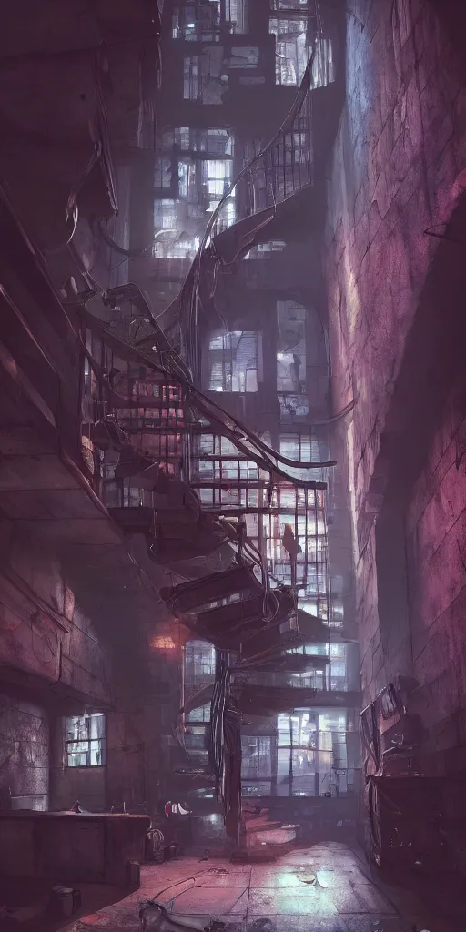 Image similar to a cellar staircase, cyberpunk style, digital painting, concept art, smooth, sharp focus, hyperrealistic, illustration, artstation trending, octane render, unreal engine, ambient light, dynamic lighting, magical, dark vibes, Cyberpunk 2077