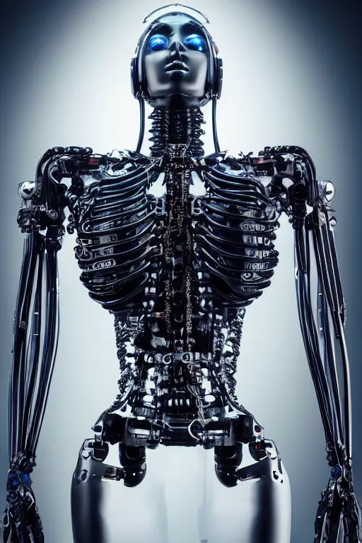 Prompt: full body beautiful cybernetic android craniun closeup + spinal cord cables, basen on elysium movie, exoskeleton hydraulic valve, rectilinear robotic muscular transmission derailleur with curvy muscular back view neck muscles in the black crystal cube, cinematic photo, by vitaly bulgarov