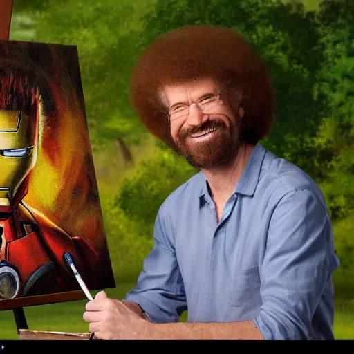 Image similar to a closeup photorealistic photograph of bob ross with a paintbrush and diligently finishing a canvas painting of iron man. mountains and trees. film still. brightly lit scene. this 4 k hd image is trending on artstation, featured on behance, well - rendered, extra crisp, features intricate detail, epic composition and the style of unreal engine.