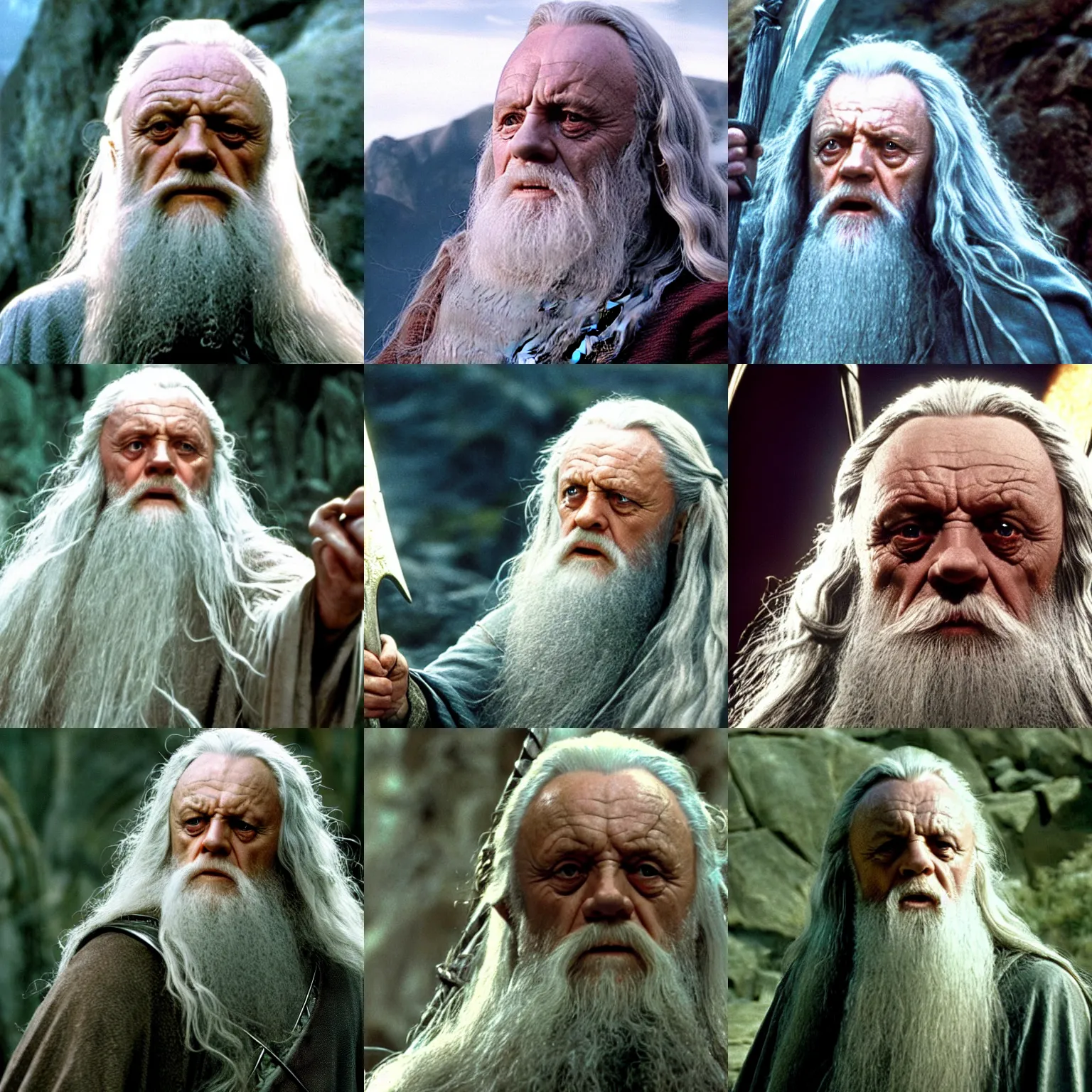 Prompt: film still of anthony hopkins as gandalf in lord of the rings ( 2 0 0 1 )