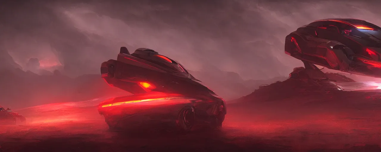 Image similar to an image of an alien vehicle in the night on a mountain with red headlights on by Paul Chadeisson, atmospherical, heavy storm, lightnings , concept art, high detail, intimidating , cinematic, Artstation trending, octane render