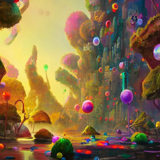 Image similar to a utopian city, filled with extremely colorful fauna, with bubbles floating around everywhere, dynamic lighting, fantasy concept art, trending on art station, stunning visuals, creative, cinematic, ultra detailed