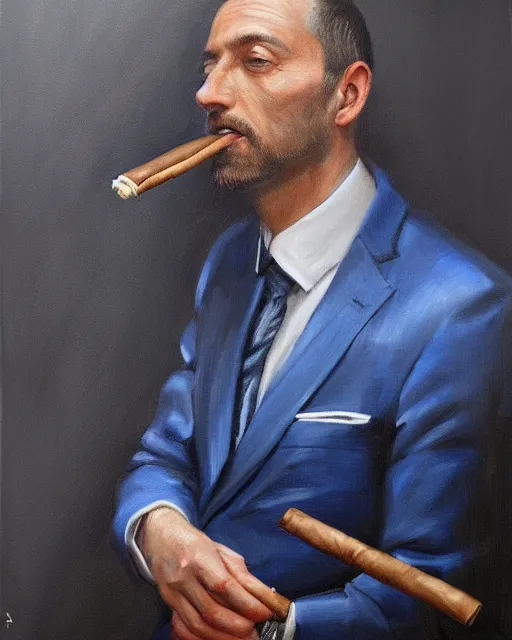 Image similar to Hyper realistic oil portrait of a man in his thirties smoking a cigar, dressed in a blue suit, by Mosh Art, trending on artstation