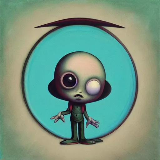 Prompt: a cute alien teal ’ c holds the universe in his hand, an ultrafine detailed painting by mark ryden, trending on deviantart, pop surrealism, whimsical, lowbrow, grotesque