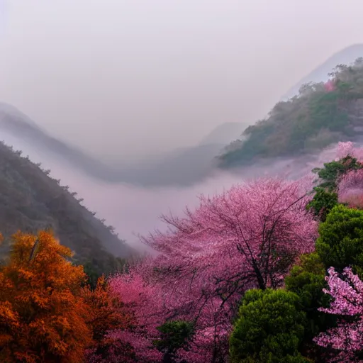 Image similar to chinese landscape of mountains in fog with sakura trees