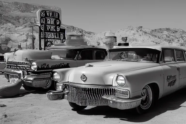 Prompt: Snakeoil Cadillac, Directed by Wim Wenders, Photography by Robby Müller