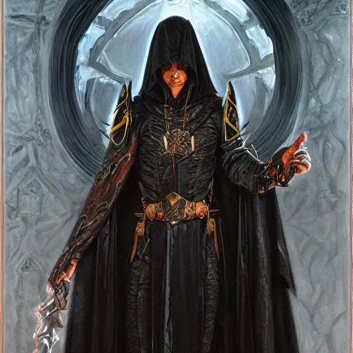 Prompt: Demon worshipper cultist wearing black robes and armed with a dagger as a fantasy D&D character, portrait art by Donato Giancola and James Gurney, digital art, trending on artstation
