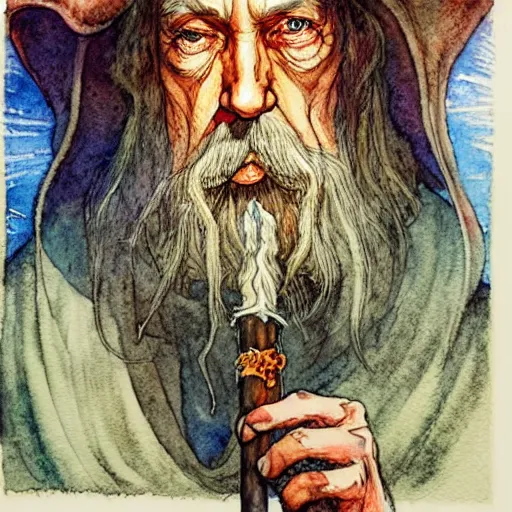 Image similar to a realistic and atmospheric watercolour fantasy character concept art portrait of gandalf with red eyes smoking a huge blunt looking at the camera with a marijuana leaf nearby by rebecca guay, michael kaluta, charles vess and jean moebius giraud