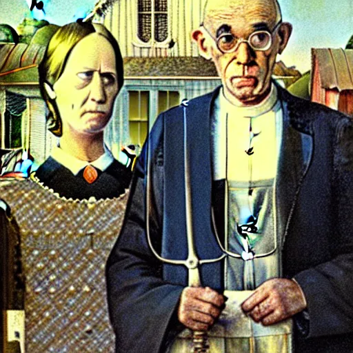 Image similar to the pope and satan in the style of american gothic