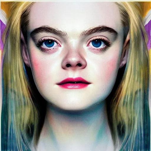 Image similar to professional painting of Elle Fanning in the style of a Crystal Castles album cover, head and shoulders portrait, symmetrical facial features, smooth, sharp focus, illustration, intricate, stormy weather, extremely detailed masterpiece,