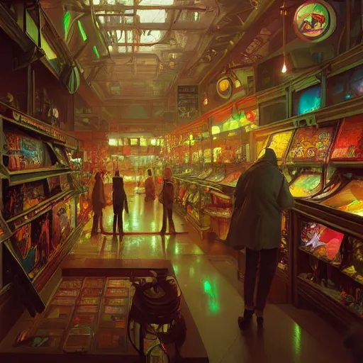 Image similar to inside a dimly lit futuristic toystore. highly detailed, digital painting, artstation, concept art, matte, sharp focus, illustration, art by artgerm and greg rutkowski and alphonse mucha