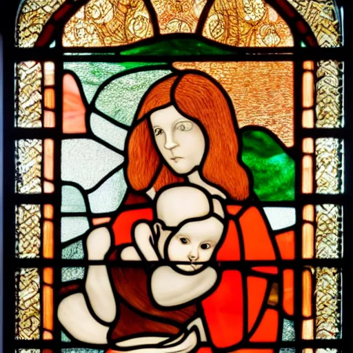 Prompt: beautiful stained glass window, orange haired pale skin woman holding a curly headed baby and a brown poodle, gaudy, large intricate details, enormous in size, in the style of picasso