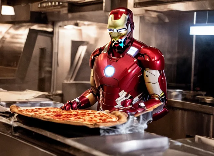 Image similar to film still of Ironman working in a pizza parlor making pizza in the new Avengers movie, 4k