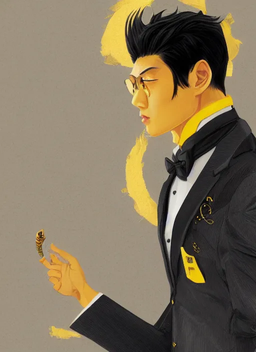 Image similar to a highly detailed illustration of attractive short black haired young asian man wearing suit, yellow eyes, dramatic thinking pose, intricate, elegant, highly detailed, centered, digital painting, artstation, concept art, smooth, sharp focus, league of legends concept art, WLOP