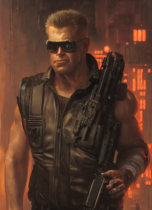 Image similar to duke nukem. cyberpunk mercenary in a military vest ( blade runner 2 0 4 9, cyberpunk 2 0 7 7 ). orientalist portrait by john william waterhouse and james gurney and theodore ralli and nasreddine dinet, oil on canvas. cinematic, hyper realism, realistic proportions, dramatic lighting, high detail 4 k