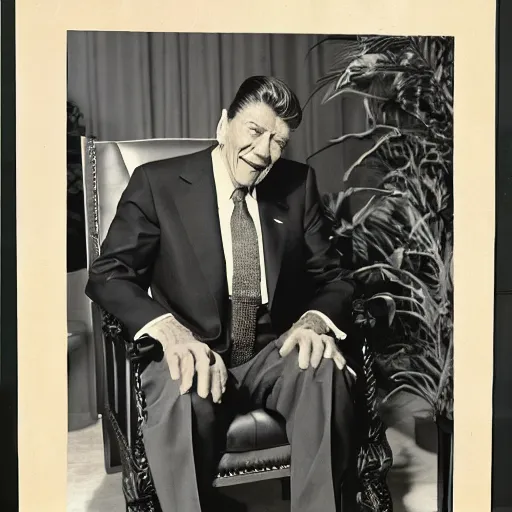 Image similar to [ ronald reagan sitting in chair... tiger lying at his feet ]