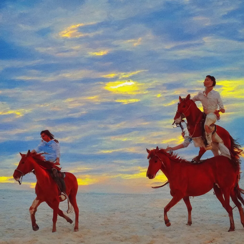 Image similar to Emin Gün Sirer riding a red horse in a white beach, sun sets, dramatic lighting, heroic exposure