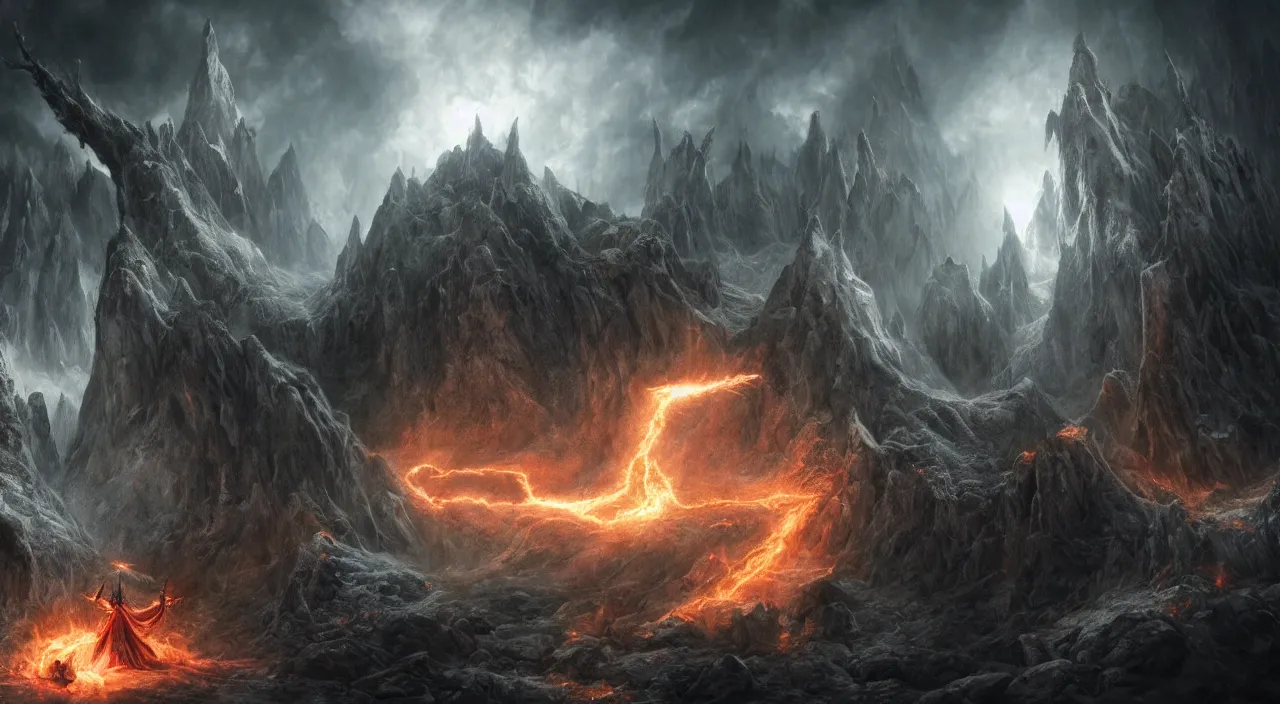 Image similar to god fighting the devil, dark, fiery, mines of moria, lord of the rings aesthetic, in style of alan lee, cinematic, cinematic lighting, octane render, motion blur, highly detailed