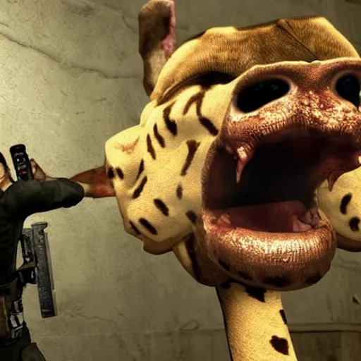 Prompt: a cute stuffed giraffe fighting zombies in resident evil, realistic, hyper detailed