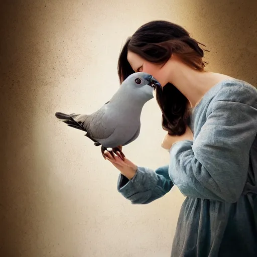 Prompt: portrait of woman who kissing a pigeon, realistic photography