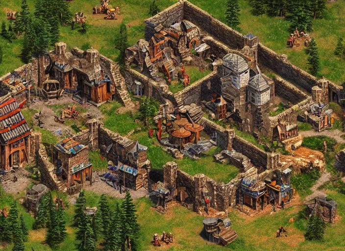 Image similar to isometric map of age of empires video game, procedural, top down, AOE2 , civilization, river, forest, cave, mountain, game level, map, woods, hills, buildings, snow, , digital art,realistic,detailed,art by greg rutkowski