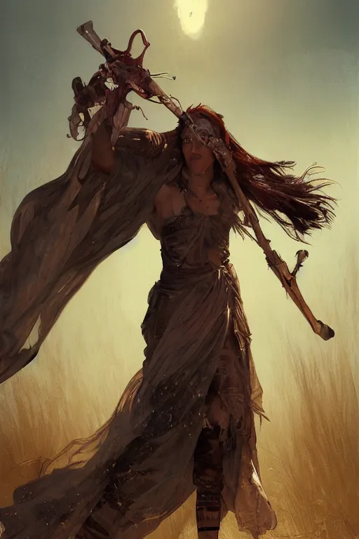 Image similar to a full body portrait of a beautiful post apocalyptic offworld sorcerer ’ s district bedouin blind pulp fiction scarlet wild rogue barbarian leper begging by the roadside, intricate, elegant, highly detailed, digital painting, artstation, concept art, smooth, sharp focus, illustration, art by krenz cushart and artem demura and alphonse mucha