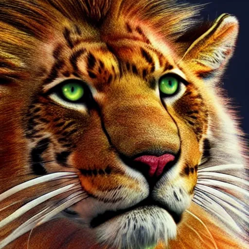 Image similar to mix of puma and jaguar and lion and tiger jumping over a cliff, giant cat monster, 8 k ultra realistic animal, detailed intricate fur, flame in the fur, full of colour, cinematic lighting, battered, trending on artstation, 4 k, hyperrealistic, focused, extreme details, unreal engine 5, cinematic, masterpiece, art by ayami kojima