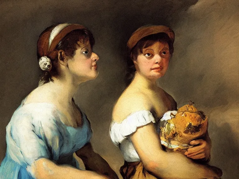 Image similar to The Milkmaid of Bordeaux by Francisco Goya, vaporware, pepe the frog, high detail, high resolution