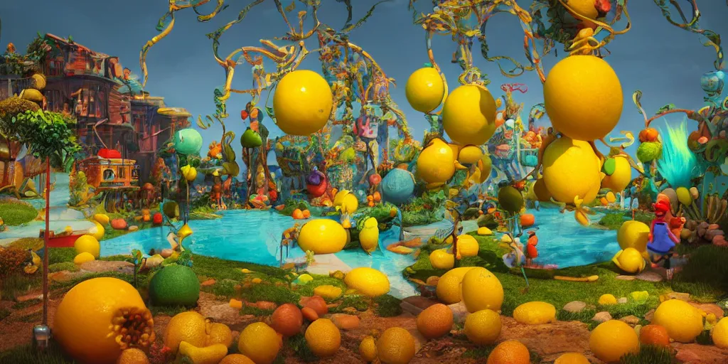 Prompt: a portal to a world of lemons by Dr Seuss, trending on artstation, 8k, octane rendered, highly detailed